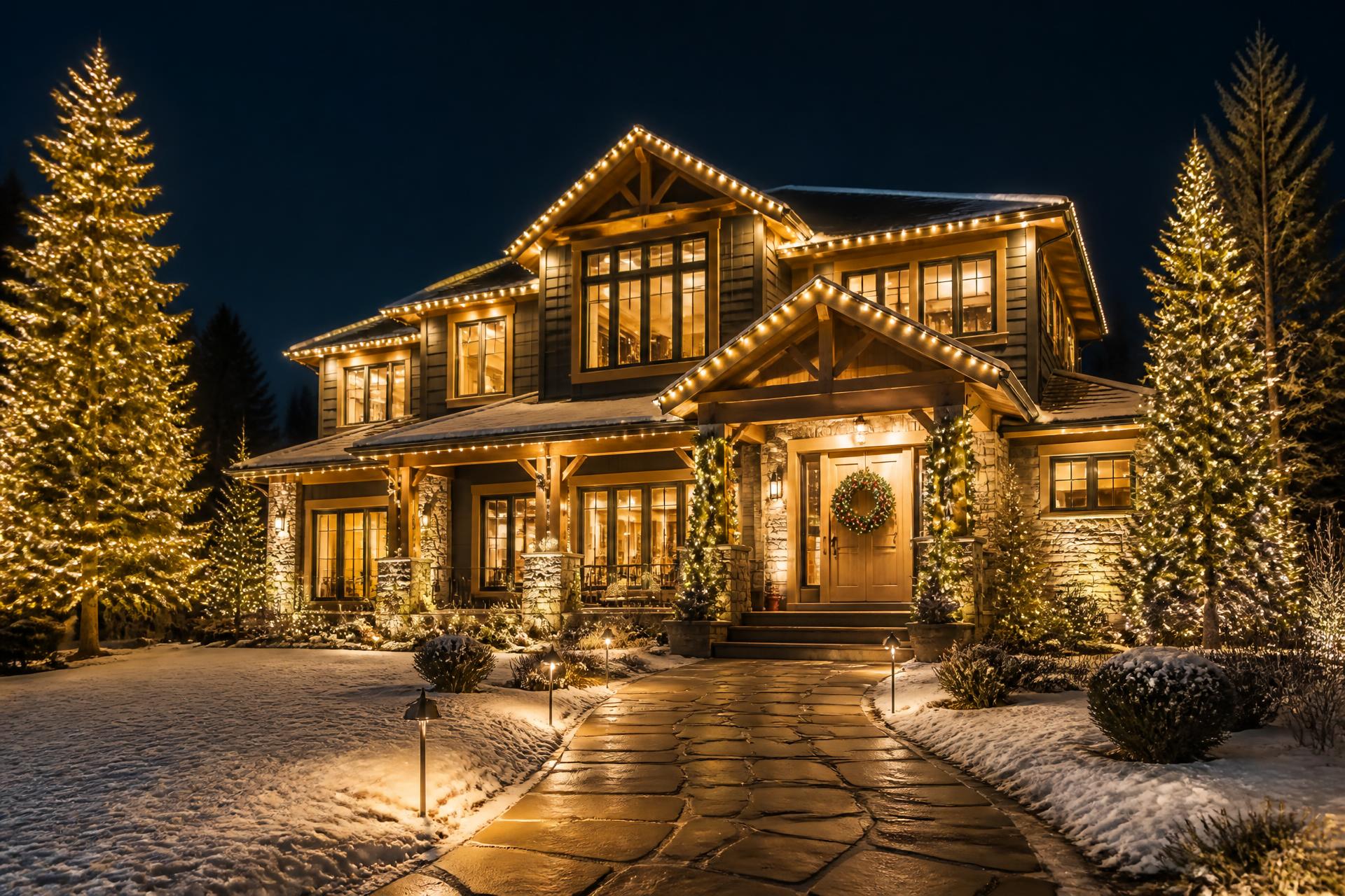 Luxury home professionally decorated with warm white Christmas lights